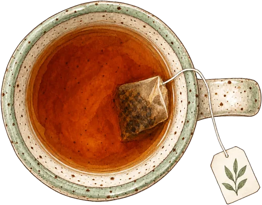 A speckled handmade mug of tea, still steeping. Sam can't drink it; it's on the table anyway.